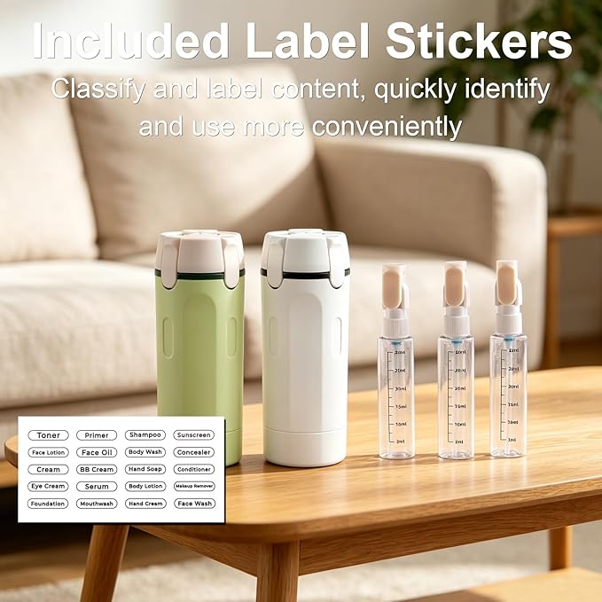 Winb 4 in 1 Travel Dispenser, 30ml Leak Proof Bottles for Toiletries, Portable Containers for Shampoo, Lotion, White (White+Green)