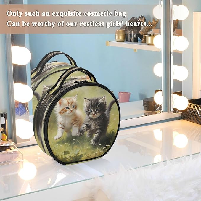 senya Round Cosmetic Pouch Travel Makeup Train Case Cat Kitten Makeup Organizer Bag with Adjustable Dividers Portable for Cosmetics Makeup Brushes Toiletry Jewelry Accessories