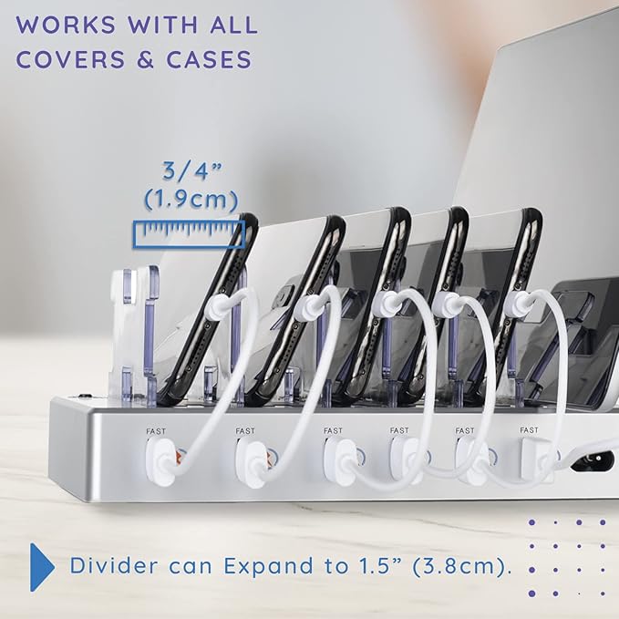 Charging Station for Multiple Devices, 6-Port USB Fast Charger with 6 Mixed Cables, Multi-Device Charging Dock for iPhone, iPad, Android Phones, Tablets, Kindle (Silver, Desktop & Wall Mount)