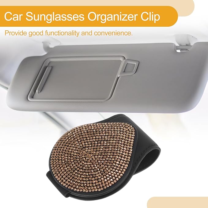 Car Sunglasses Clip Magnetic Universal Sun Visor Eyeglasses Holder Clip PU Leather, Rhinestone Black, Gold 6.5x9cm/2.56 "x3.54 1 Pcs