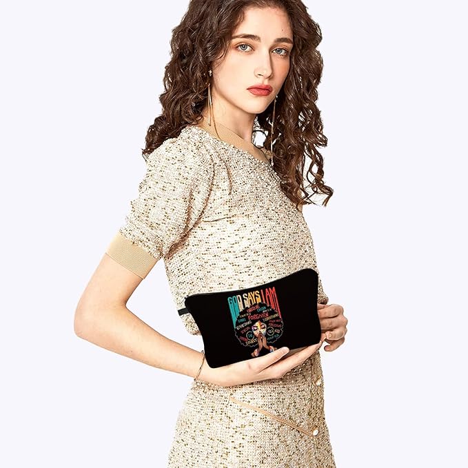 God Says I Am Unique African American Makeup Bag – Black Empowerment Cosmetic Organizer for Women, Inspirational Quote Gift for Black Girl Magic & Self-Love