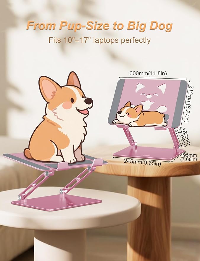 Laptop Stand for Desk-Adjustable, Foldable, Portable, Ergonomic Aluminum Notebook Riser with Unique Puppy Cooling Vent, Desk Gift for 10-17.3" Devices Mac, Dell, HP, Lenovo, Samsung, Rose Gold