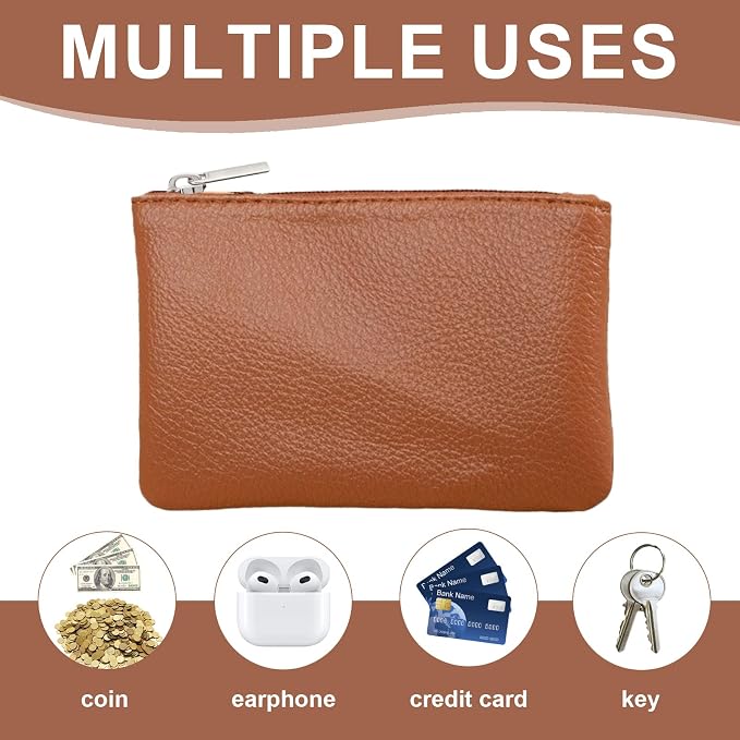2 Pack Leather Zipper Coin Purse, Portable PU Leather Coin Purse,Mini Coin Pocket Pouch Change Holder, Coin Pouch with Zipper for Men Women Headset Credit Card ID Key Lipstick (Black&Brown)