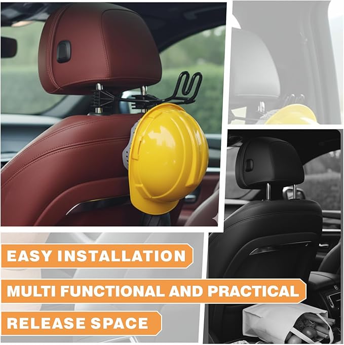 2 Pack Heavy Duty Dual Hook Helmet Rack for Truck, Adjustable Headrest Hanger, Hard Hat Holder Vehicle Accessory