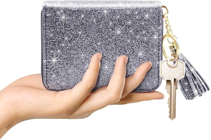 Coco Rossi Women's Small Credit Card Wallet RFID Cute Glitter Card Holder for Women, Grey