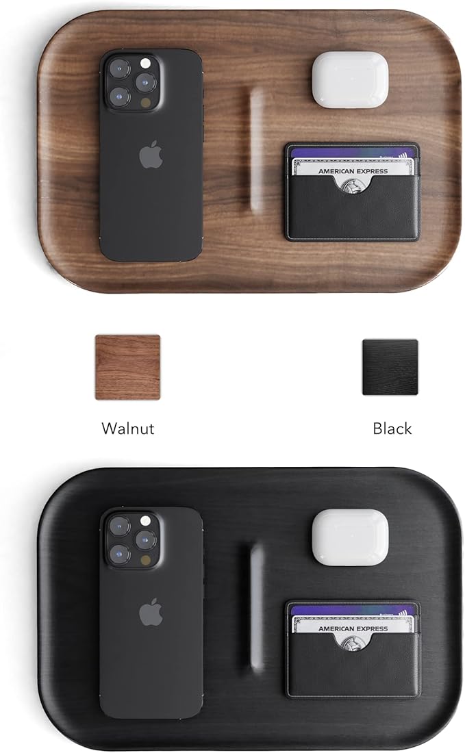 Catchall Tray Wooden Premium Walnut Wood Valet EDC Tray for Desk Bedside Table Jewellery Display Organiser Key Wallet Watch Phone Concierge (Black)