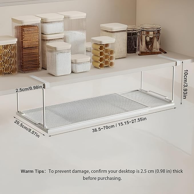 2 Pack Expandable Under Cabinet Shelf, Under Shelf Storage with 0.94 Inches Thick Clips for Kitchen Cupboard, Metal Hanging Under Desk Basket for Laundry Room, Cabinet, Shoe Rack
