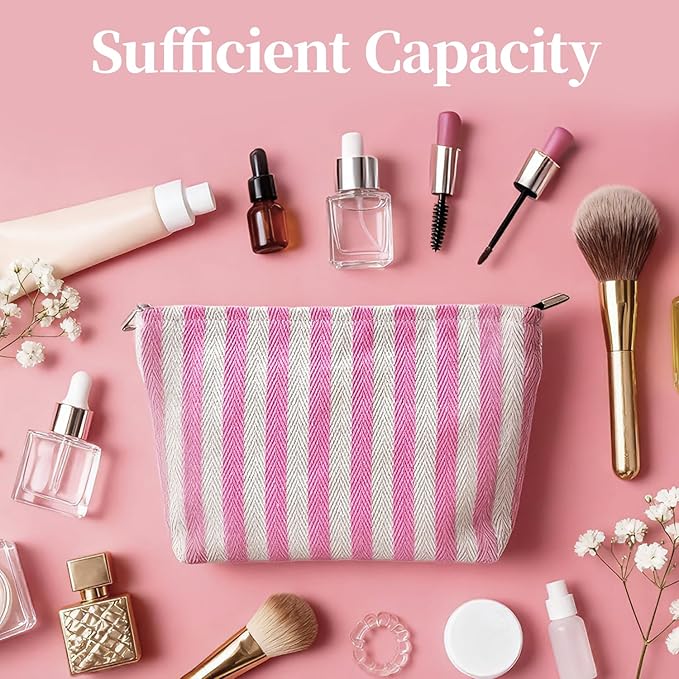 itgowisa Pink Striped Canvas Makeup Bag, Lightweight Cosmetic Pouch with Large Zipper Pull & Cotton Blend Lining, Travel Toiletry Organizer for Women & Gifts, Skincare Bag Hygiene Pouch Sunscreen Bag