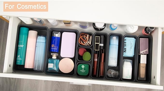 15 PCS Interlocking Desk Drawer Organizer Separator for Office,Bathroom,Kitchen,Makeup（Black）
