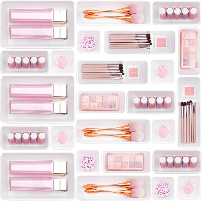 Kitchen Desk Drawer Organizers Storage for Office, Small Acrylic Vanity Trays Makeup for Drawer Bathroom Plastic Make up Organizers 25 Pcs White