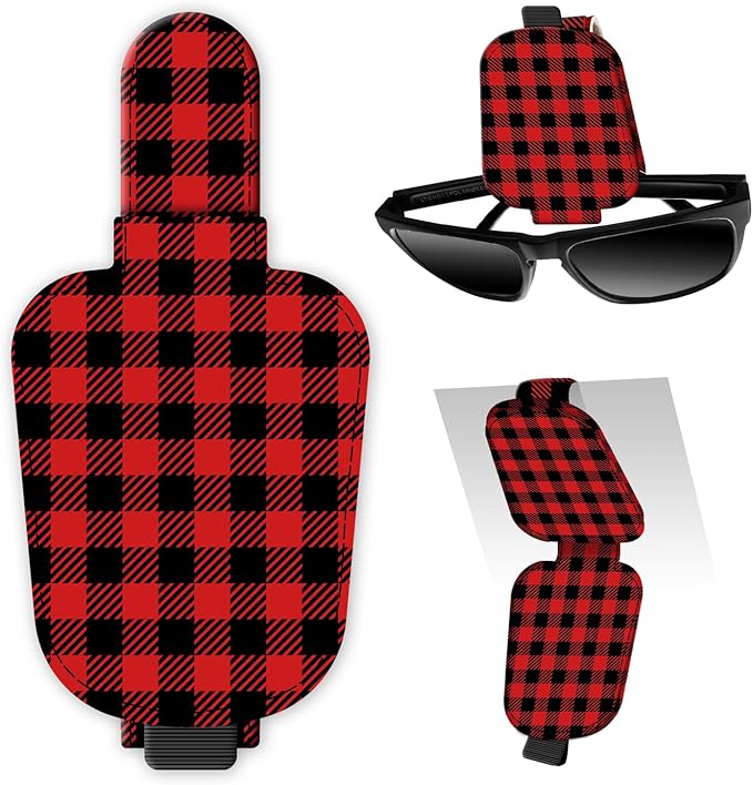 Leather Magnetic Sunglass Holder for Car Sun Visor, Cute Eyeglass Ticket Card Hanger Clip, Universal Auto Interior Accessories for SUV Pickup Truck Red Plaid