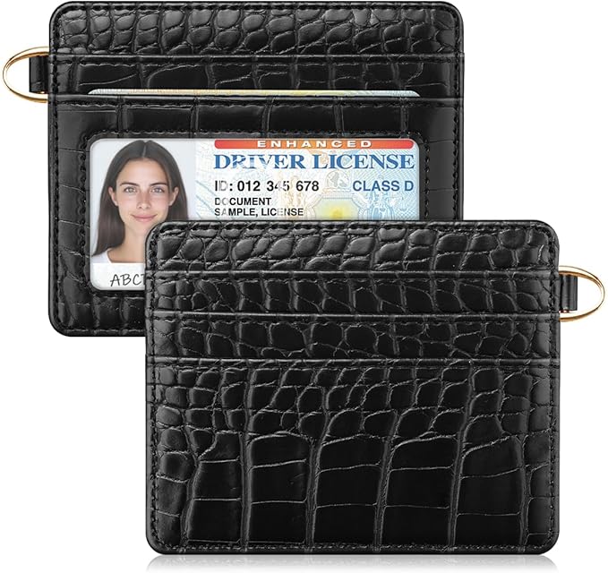 Slim Credit Card Holder Crocodile Wallet Women Thin Alligator Wallets RFID Blocking Minimalist Lightweight Small Cute Cards Holders with ID Window, Black