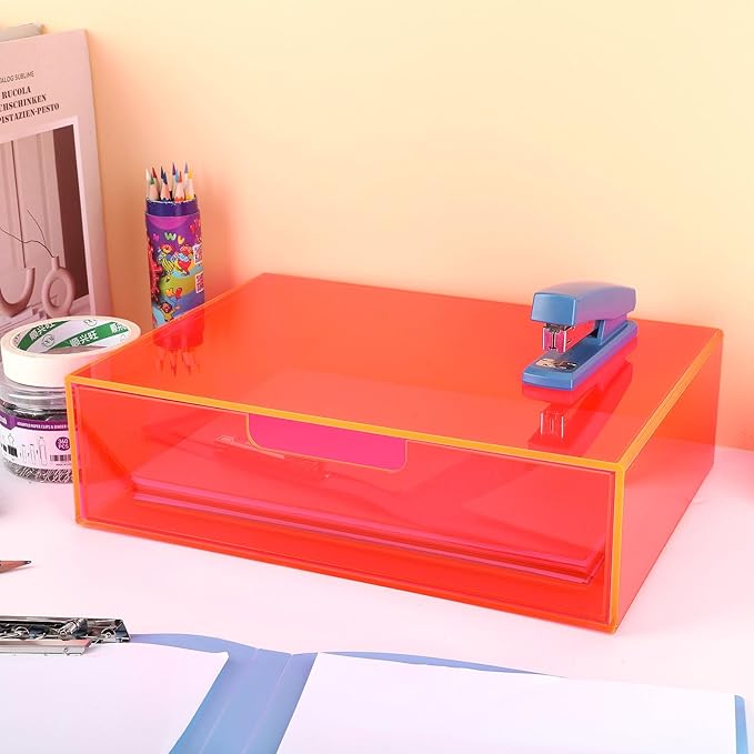 Gelite Acrylic Desk Organizer with Drawer for Makeup Vanity Stackable Desktop Storage Box for Office Supplies, 13.8 x 9.8 x 3.9’’, Neon Pink