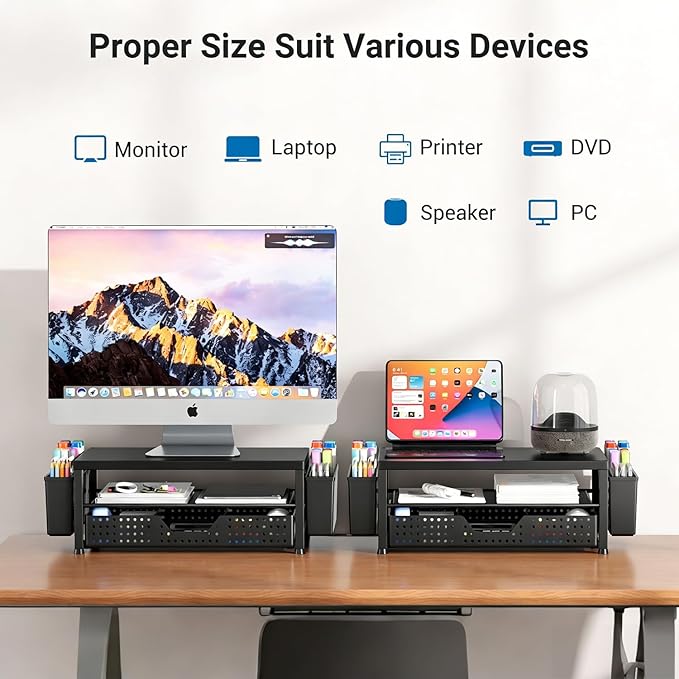 Monitor Stand Riser, Laptop Stand for Desk, Office Desk Organizer and Accessories, Computer Desktop Shelf with Drawer and Pen Holder, Printer Stand for Home, Office, Dorm (Black)