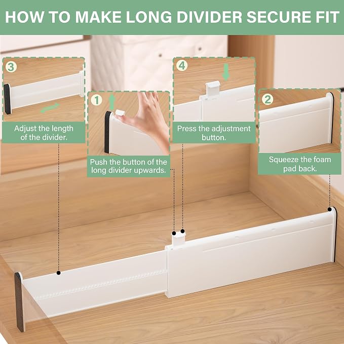 Adjustable Drawer Dividers With Inserts, 4'' High Expandable Drawer Organizers for Clothes, 5 Pack 12.6-22.8'' Long Dividers with 3.9-7.1'' Inserts, Drawer Separators for Socks/Tools