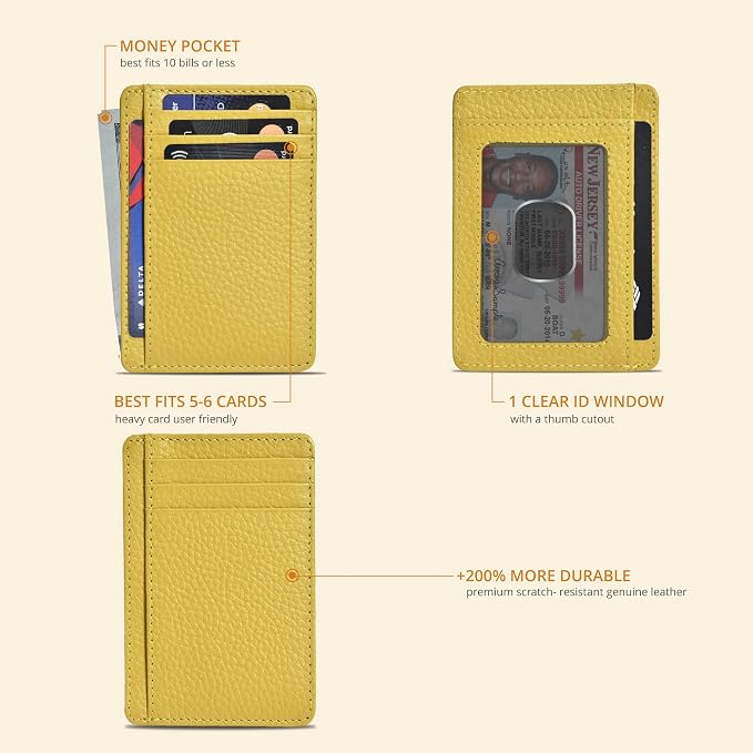 Oak Leathers Leather Slim Minimalist Wallet for Men & Women RFID Front Pocket Leather Card Holder Wallets (Yellow)