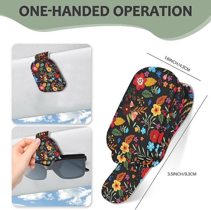 2 Pack Magnetic Leather Sunglass Holder, Universal Magnetic Car Eyeglass Hanger Clip for Different Size Eyeglasses, Car Visor Accessories (Black Floral)