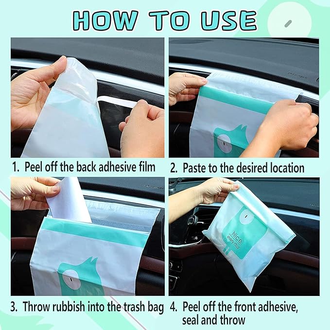 52pcs Car Trash Bags Easy Stick-On Disposable Portable Car Garbage Bags, Waterproof Leak Proof Barf Vomit Bags, Self Adhesive Cleaning Bags for Cars, Bedrooms, Bathrooms, Offices, Kitchens - Pattern A