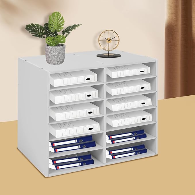 Literature Organizer 12 Slots, Compartments Mail Sorter Organizer, Adjustable Desktop File Organizer with Removable Shelves, Paper Organizer for Home Office School (White, 12 Slots)