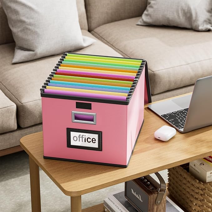 File Organizer Box with Lid, Collapsible Leather File Folder Organizer for Office Document Storage, Filing Box with Plastic Slide for Letter/Legal Size Hanging Files, Pink