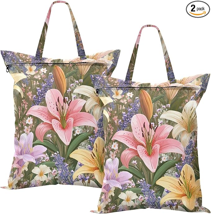 Travel Laundry Bags 2 PC Wet Dry Bag with Handle Dirty Clothes Organizer for Swimsuits Beach Camping Waterproof Washable Lilies Lavender Purple