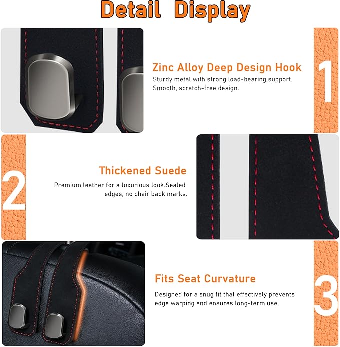 2 Pack Leather Car Headrest Hooks, Double Hook Heavy Duty Purse Holder, 360° Rotating Seat Back Organizer Holds 55 lbs for Handbags, Grocery Bags, Universal Fit Car Accessories, Black