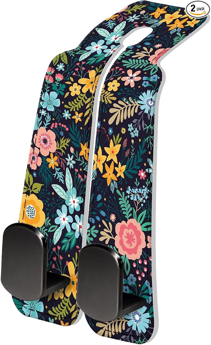 PU Leather Car Seat Hook, Storage Headrest Hanger, Cute Car Backseat Organizer, Car Hooks For Purses and Bags Dark Floral Pattern