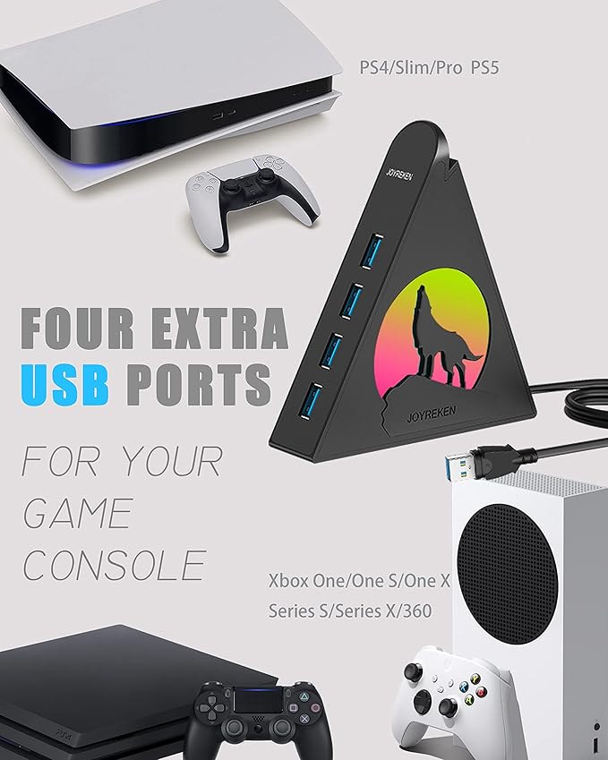 Powered USB Hub 3.0, 6-Port Hub(4 USB 3.0 Data Ports + 2 Smart Charging Ports) with 48W AC Adapter, RGB Wolf Light, Compatible with PC, Laptop, Mac, External Hard Drives, PS4, Fast Charging for Phone