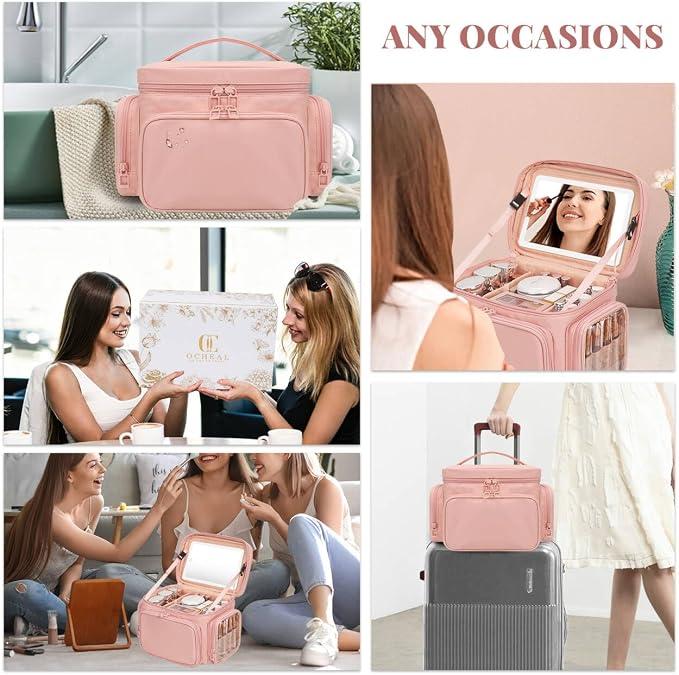 Large Makeup Bag with LED Mirror, Travel Makeup Bag Organizer for Women Girls with Makeup Brush Compartment & Two Side Pockets, 3 Color Lights Cosmetic Toiletry Bag- Leather Pink