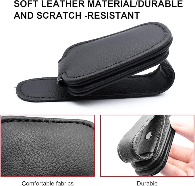 2 Pack Leather Car Visor Sunglass Holder, Magnetic Leather Glasses Eyeglass Hanger Clip for Car, Sunglass Clip Glasses Holder for Car Visor（Black）
