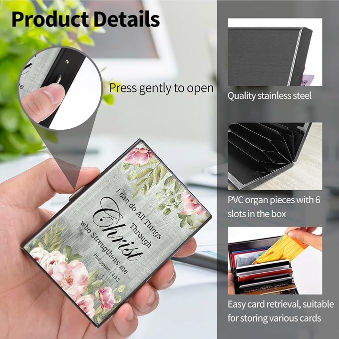 Metal Wallet for Women Men Girls, RFID Blocking Slim Aluminum Credit Card Holder, Mini Travel Wallet with Hard Shell, Lightweight ID & Business Card Case,Bible Verse Philippians 4-13