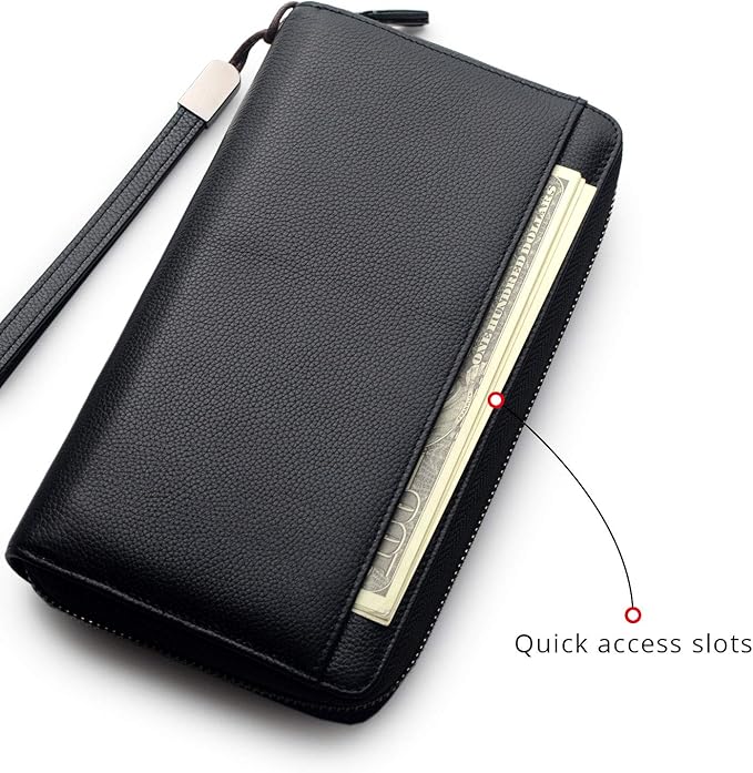 Travel Document Organizer RFID Blocking Leather Multiple Passport Wallet Family Holder Id Wrist Strap(Black)