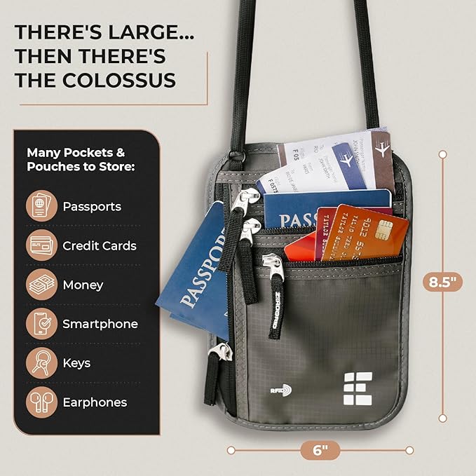 Neck Wallet for Travel & Passport Holder with RFID Blocking - Slim & Easy to Conceal Nylon Travel Pouch for men & women - Holds Phone, Cash, Cards, Keys - Sweat & Water Resistant - XLarge - Dark Grey