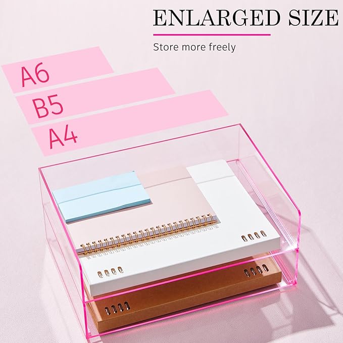 Harloon 4 Tier Paper Organizer Letter Tray Pink Acrylic Desk File Organizer Stackable Documents Letter Clear Paper Holder Sorter Office Tray for A4, Modern Office Classroom Home File Pad Books Notes