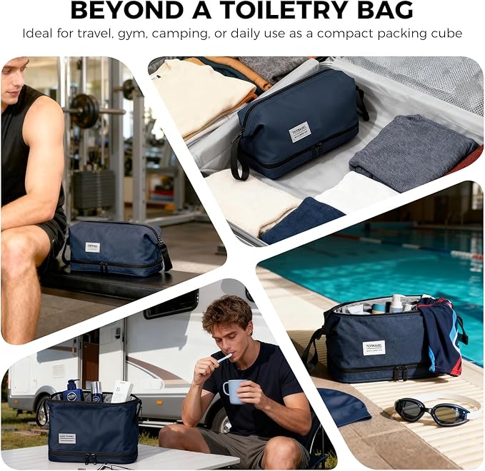 SINLAND Travel Toiletry Bag Water-resistant with Hanging Hook for Mens Large Packing with Waterproof Wet/Dry Compartment Travel Shower Bags Travel Toiletry Organizer Dopp Kit Shaving Bag