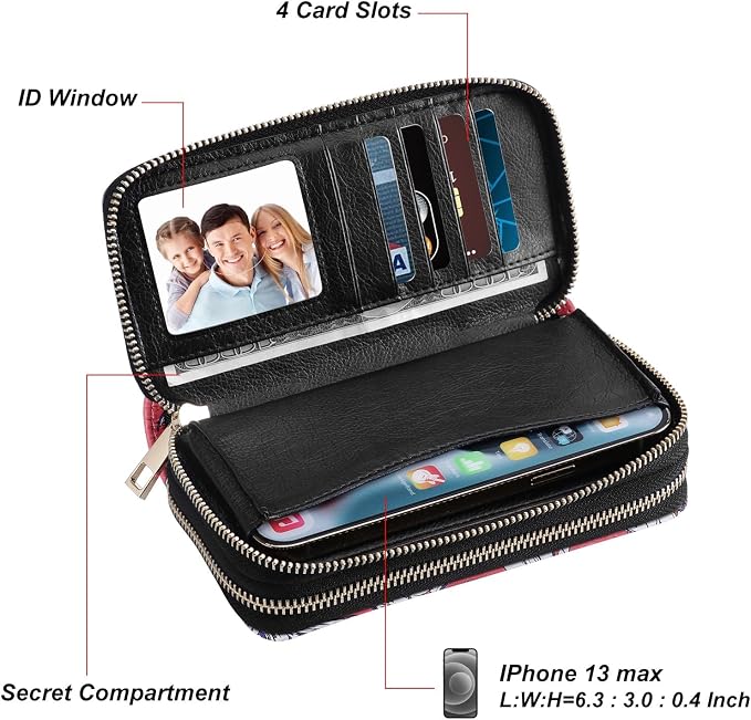 Cellphone Wallet for Women Dual Zipper Long Purse with Removable Wristlet