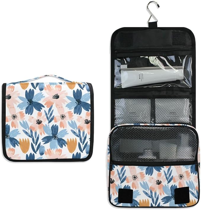 Hanging Travel Toiletry Bag Retro Flowers Pink Blue Kit Makeup Case Cosmetics Organizer for Men Women