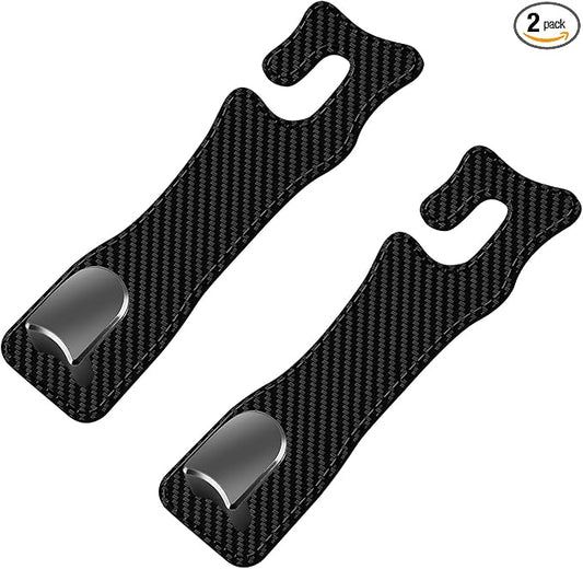 JNXIIJ 2 PCS Car Seat Headrest Hooks, Multifunctional Auto Purse Hanger Storage Organizer, Universal Vehicle Leather Seat Backrest Hooks for Hanging Umbrellas Handbags Clothes (Carbon Fiber Black)