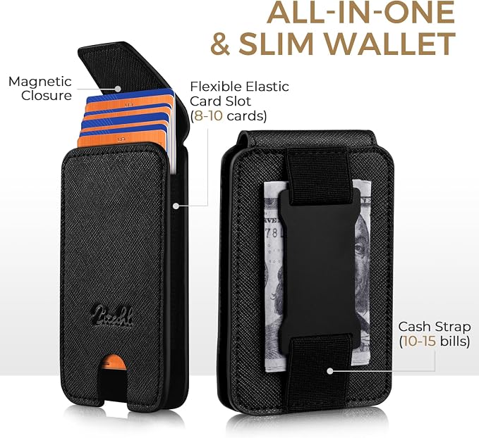 Zitahli Slim Wallet for Men Front Pocket – Thin Minimalist Credit Card Holder with Magnetic Closure & Elastic Cash Strap, RFID Blocking Wallet Holds up to 10 Cards & 15 Bills