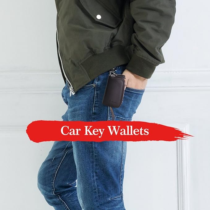CONTACTS Car Key Case Small Leather Double Zipper Key Holder with 4 Keyrings Keys Organizer for Men Women