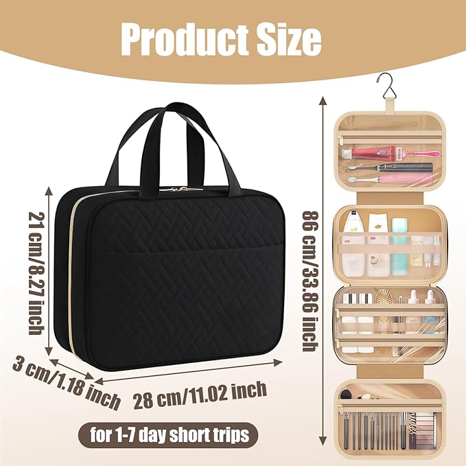 Hanging Toiletry Bag - Large Capacity Travel Makeup Bag Waterproof Travel Essentials Organizer for Bathroom Gym Camping (Black)