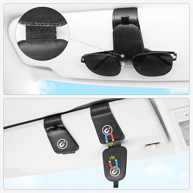 SINGARO 2 Pack Sunglass Holder for Car Visor Sunglasses Holder Clip, Universal Non-Slip Magnetic Leather Glasses Eyeglasses Hanger Mounter, Truck Interior Car Visor Accessories for Woman Man, Black