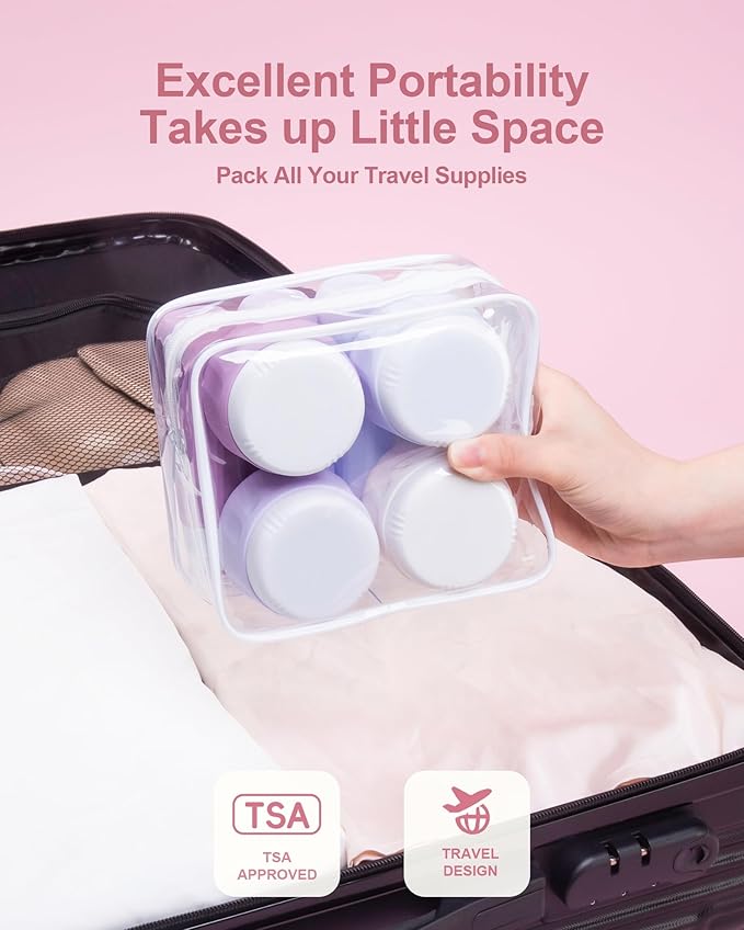Mrsdry Travel Size Toiletries 8 Pack, TSA Approved 3oz Silicone Squeeze Bottles & Cream Jars with Clear Travel Bag
