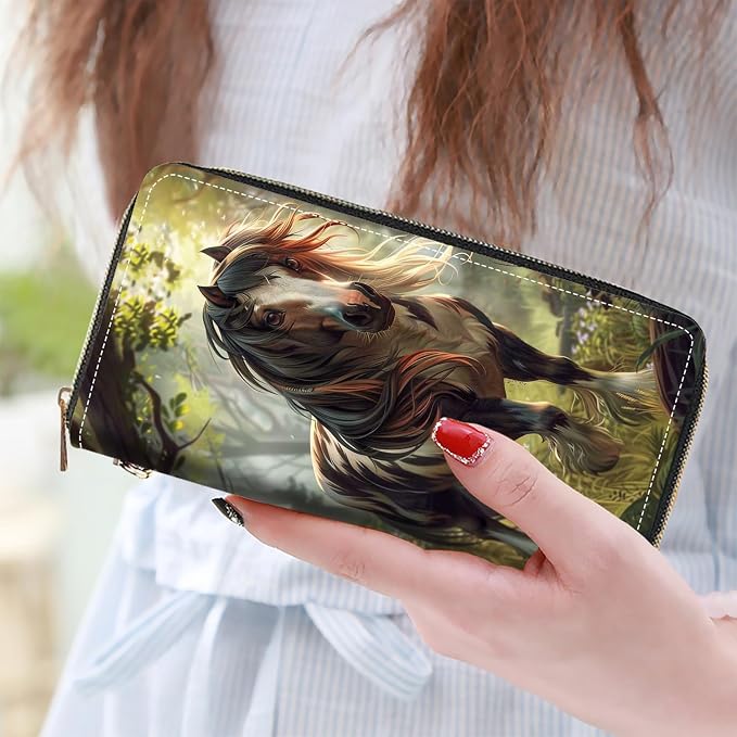 Women's Large Capacity Wallet PU Leather Zip Around Clutch Purse Multifunctional Wallet with Removable Wristlet Strap for Smart Phone/Coin/Card/Cash, Horse