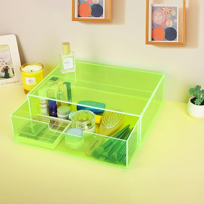 Gelite Acrylic Desk Organizer with Drawer for Makeup Vanity Stackable Desktop Storage Box for Office Supplies, 13.8 x 9.8 x 3.9’’, Neon Green