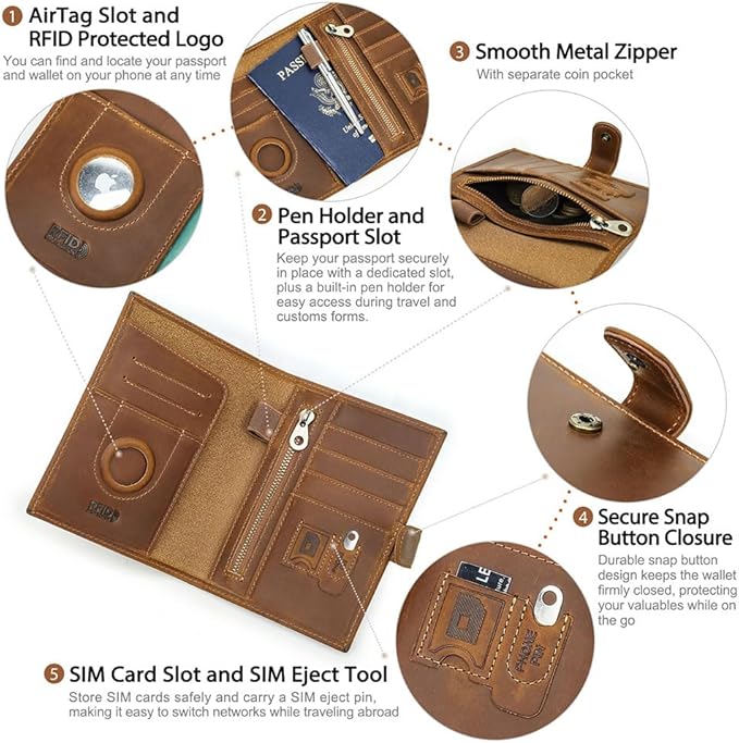 CONTACTS Full Grain Leather Passport Holder Compatible with Airtag RFID Blocking Passport Wallet Travel Slim Passport Cover with SIM Card Removal Tool (Camel Brown)