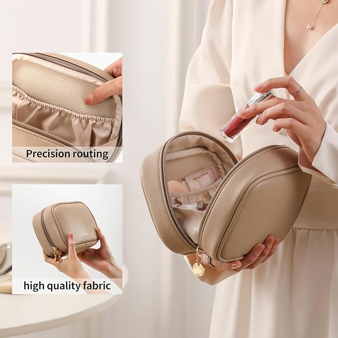 RIGHT AWAY Small Makeup Bag for Purse,Travel Cosmetic Bag Organizer for Women,Cute Make Up Pouch Waterproof Toiletry Bag with Zipper,Portable Makeup Case Skincare Bag for Travel Accessories(Khaki)