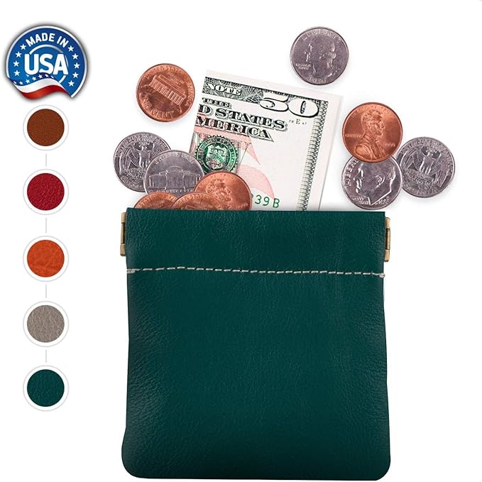 Nabob Leather Genuine Leather Squeeze Coin Purse, Coin Pouch Made IN U.S.A. Change Holder For Men/Woman Size 3.5 X 3.5 (Teal)