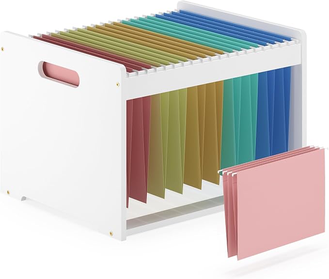 Hanging File Organizer Box for Letter Size, Bamboo File Folder Organizer, Storage Moving Boxes with Handle Wood Desk Filing Box for Office Banker Document