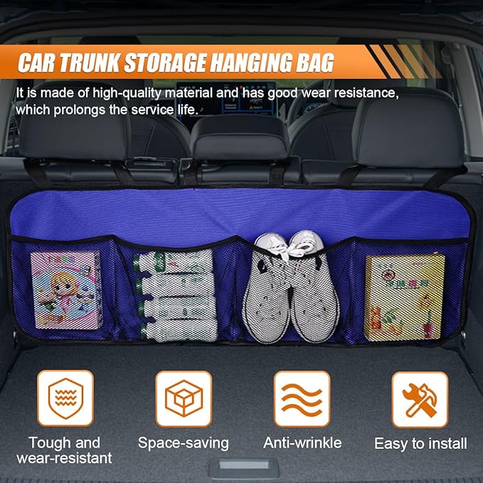 Car Trunk Organizer, Large Capacity Backseat Hanging Storage Bag with 4 Pockets, Waterproof Foldable Car Interior Organizing Accessories, Universal for SUV, Truck, Van, MPV (Blue)